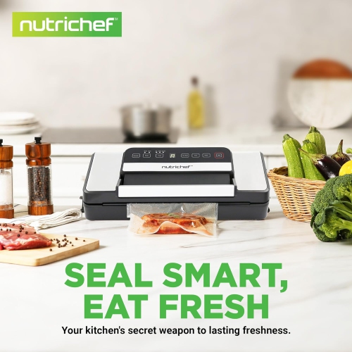 NutriChef Vacuum Sealer for Food – Dry, Moist & Pulse Modes, Dual Seal, Built-in Roll Storage & Cutter, High-Power Suction, Durable Design, Includes