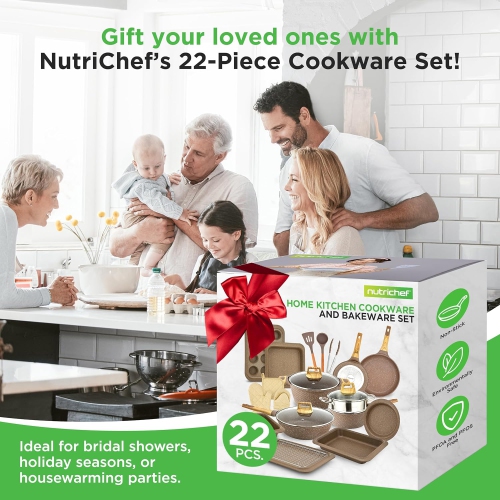 Nutrichef 22-Piece Maroon Marble Non-Stick Cookware and Bakeware Set - Professional Home Kitchen Collection with Multi-Sized Pots, Pans, and