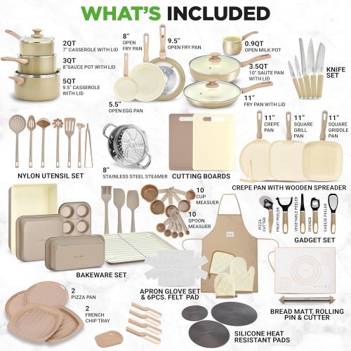 NutriChef 75-Piece Non-Stick Pots and Pans Set, Complete Ceramic Cookware Set with Bakeware, Utensils, Knife Set, & Accessories, Stain-Resistant,