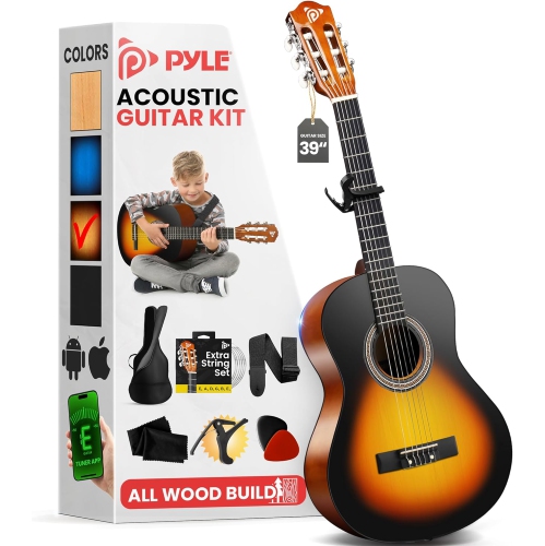 PYLE  6 String Beginner Acoustic Guitar Kit, Right, Sunburst Teardrop Gloss, 39" (Pgacls82Cbs.x9)