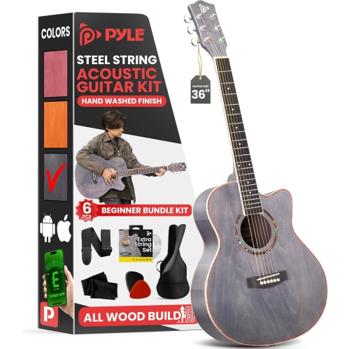 Pyle Acoustic Guitar Kit, 3/4 Junior Size All Wood Steel String Instrument for Beginner Kids, Adults, 36" Dusk Gray Matte