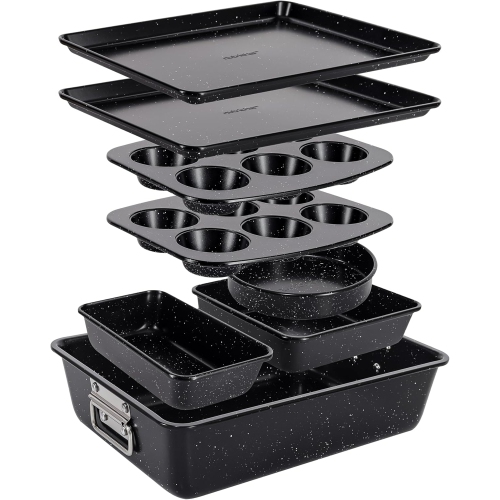 Image 1 of 5.. NutriChef 8-Piece Stackable Bakeware Set | Carbon Steel Non-Stick Baking Pan Set | Includes Sheet, Muffin, Round, Loaf, Square Cake & Deep Pans | No