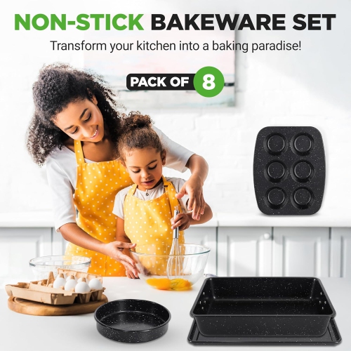NutriChef 8-Piece Stackable Bakeware Set | Carbon Steel Non-Stick Baking Pan Set | Includes Sheet, Muffin, Round, Loaf, Square Cake & Deep Pans | No