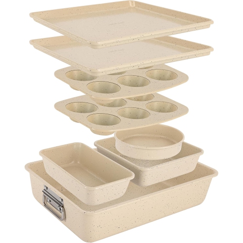 Image 1 of 5.. NutriChef 8-Piece Stackable Bakeware Set | Carbon Steel Non-Stick Baking Pan Set | Includes Sheet, Muffin, Round, Loaf, Square Cake & Deep Pans | No