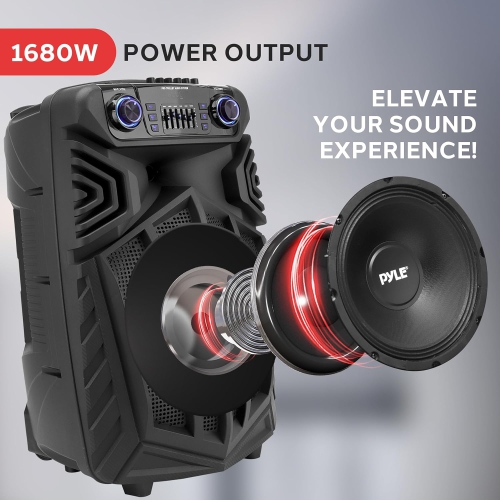 Pyle 1680W Portable Bluetooth PA Speaker - 15" Rechargeable Outdoor Karaoke Party Speaker, Audio System w/Wireless Mic and Wheels, TWS, Party Lights,