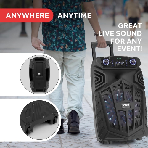 Pyle 1680W Portable Bluetooth PA Speaker - 15" Rechargeable Outdoor Karaoke Party Speaker, Audio System w/Wireless Mic and Wheels, TWS, Party Lights,