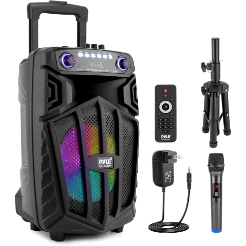 Pyle 680W Portable Bluetooth PA Speaker - 10" Rechargeable Outdoor Karaoke Party Speaker, Audio System w/Wireless Mic and Wheels, TWS, Party Lights,
