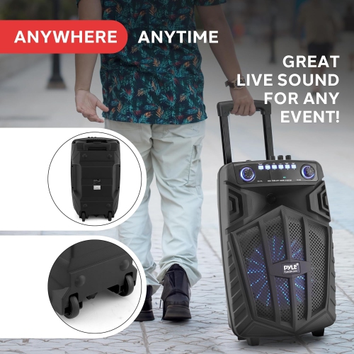 Pyle 680W Portable Bluetooth PA Speaker - 10" Rechargeable Outdoor Karaoke Party Speaker, Audio System w/Wireless Mic and Wheels, TWS, Party Lights,