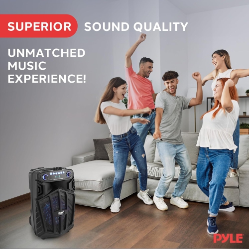 Pyle 680W Portable Bluetooth PA Speaker - 10" Rechargeable Outdoor Karaoke Party Speaker, Audio System w/Wireless Mic and Wheels, TWS, Party Lights,