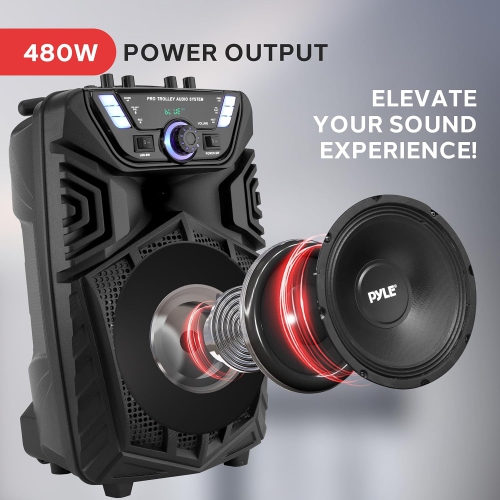Pyle 480W Portable Bluetooth PA Speaker - 8” Rechargeable Outdoor Karaoke Party Speaker, Audio System w/Wireless Mic and Wheels, TWS, Party Lights,