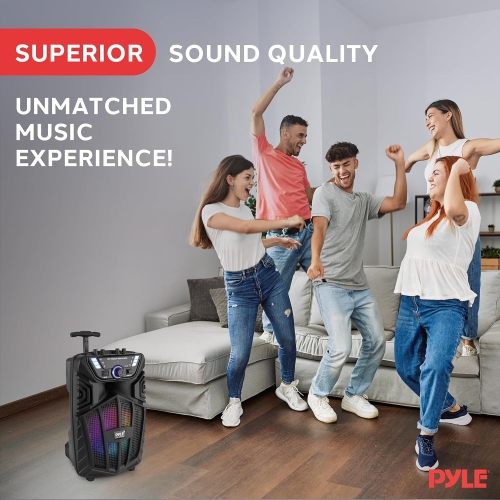 Pyle 480W Portable Bluetooth PA Speaker - 8” Rechargeable Outdoor Karaoke Party Speaker, Audio System w/Wireless Mic and Wheels, TWS, Party Lights,