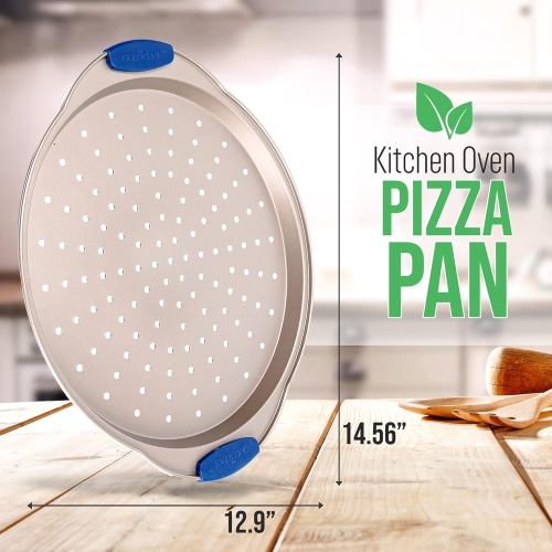 NutriChef 13-Inch Non-Stick Pizza Tray - with Silicone Handle, Round Steel Non-stick Pan with Perforated Holes, Premium Bakeware, Pizza Tray with