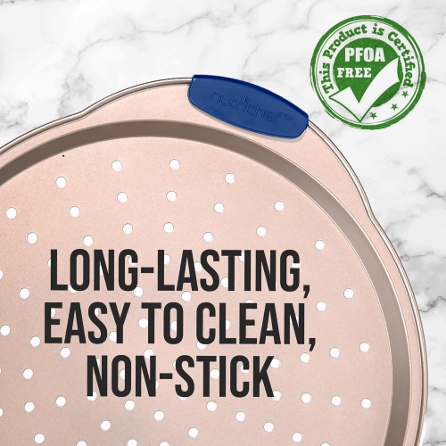 NutriChef 13-Inch Non-Stick Pizza Tray - with Silicone Handle, Round Steel Non-stick Pan with Perforated Holes, Premium Bakeware, Pizza Tray with