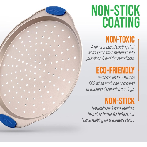 NutriChef 13-Inch Non-Stick Pizza Tray - with Silicone Handle, Round Steel Non-stick Pan with Perforated Holes, Premium Bakeware, Pizza Tray with
