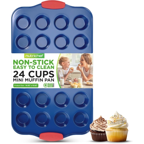 NutriChef 17” Nonstick Mini Muffin Pan - Premium Carbon Steel 24 Cup Baking Tray w/ Red Silicone Handles, Easy to Clean Mini Cupcake Bakewear -