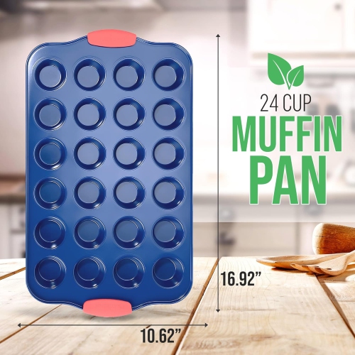 NutriChef 17” Nonstick Mini Muffin Pan - Premium Carbon Steel 24 Cup Baking Tray w/ Red Silicone Handles, Easy to Clean Mini Cupcake Bakewear -