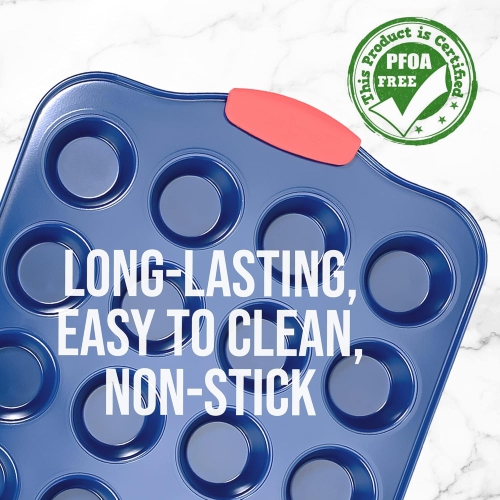NutriChef 17” Nonstick Mini Muffin Pan - Premium Carbon Steel 24 Cup Baking Tray w/ Red Silicone Handles, Easy to Clean Mini Cupcake Bakewear -