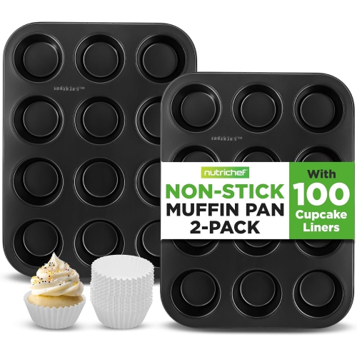 NutriChef Muffin Pans for Baking 2-Pack | Nonstick 12 Mold Cupcake Tins | Carbon Steel Stackable Cup Cake Trays | Dishwasher & Oven Safe | Includes
