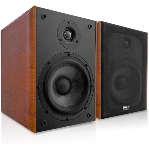 Pyle 6.5" Home Wooden Bookshelf Speakers, 240W Max Power, 1" Silk Dome Tweeter and Aluminum Voice Coils, Pair, Gold Plated 5 Way Binding Post, Rubber