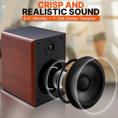 Pyle 6.5" Home Wooden Bookshelf Speakers, 240W Max Power, 1" Silk Dome Tweeter and Aluminum Voice Coils, Pair, Gold Plated 5 Way Binding Post, Rubber