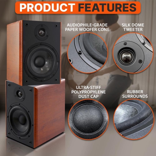 Pyle 6.5" Home Wooden Bookshelf Speakers, 240W Max Power, 1" Silk Dome Tweeter and Aluminum Voice Coils, Pair, Gold Plated 5 Way Binding Post, Rubber