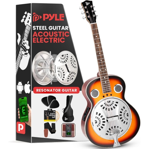 Pyle Electro Resophonic Acoustic Electric Guitar Set, Full Size Round Neck Traditional Resonator, Built-in Pre Amplifier, White