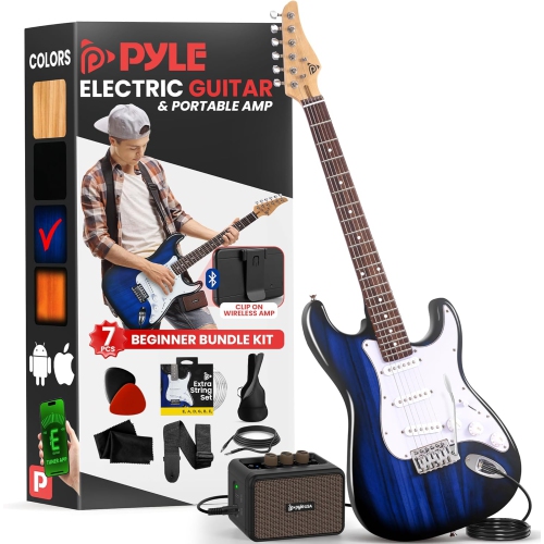 Pyle Full Size Electric Guitar Kit with 5W Amplifier, Gig Bag, Picks, Spare Strings, and Strap, ST-Style Beginner Guitar Bundle with 22 Frets,