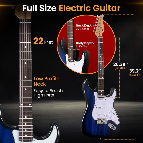 Pyle Full Size Electric Guitar Kit with 5W Amplifier, Gig Bag, Picks, Spare Strings, and Strap, ST-Style Beginner Guitar Bundle with 22 Frets,