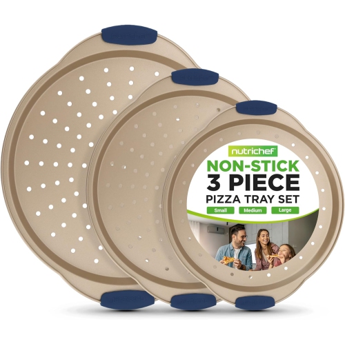 NutriChef 3-Piece Pizza Tray Set with Silicone Handles - Round Nonstick Pizza Pan with Perforated Holes, Durable Carbon Steel, Small, Medium, Large