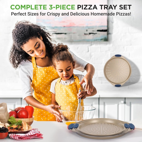NutriChef 3-Piece Pizza Tray Set with Silicone Handles - Round Nonstick Pizza Pan with Perforated Holes, Durable Carbon Steel, Small, Medium, Large