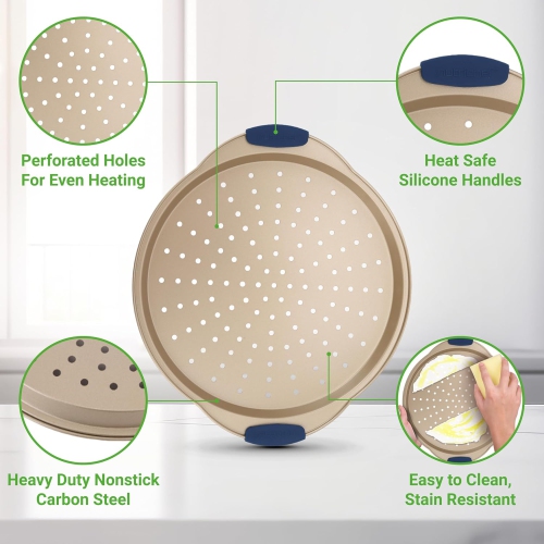 NutriChef 3-Piece Pizza Tray Set with Silicone Handles - Round Nonstick Pizza Pan with Perforated Holes, Durable Carbon Steel, Small, Medium, Large