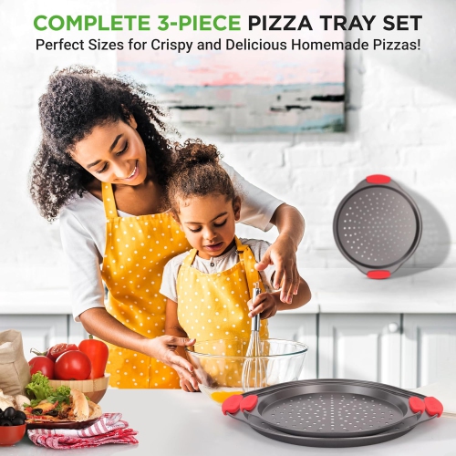 NutriChef 3-Piece Pizza Tray Set with Silicone Handles - Round Nonstick Pizza Pan with Perforated Holes, Durable Carbon Steel, Small, Medium, Large