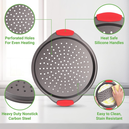 NutriChef 3-Piece Pizza Tray Set with Silicone Handles - Round Nonstick Pizza Pan with Perforated Holes, Durable Carbon Steel, Small, Medium, Large