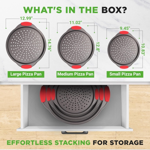 NutriChef 3-Piece Pizza Tray Set with Silicone Handles - Round Nonstick Pizza Pan with Perforated Holes, Durable Carbon Steel, Small, Medium, Large