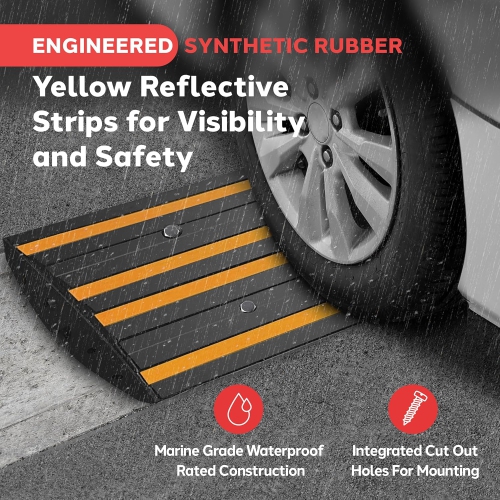 Pyle 4 ft. Rubber Curb Ramp, Non-Slip Threshold Single Ramp for Driveways & Sidewalks, Marine Grade Waterproof, Yellow Reflective Strips, Expansion