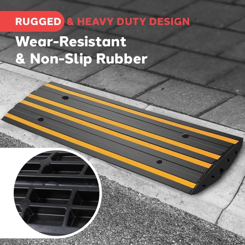 Pyle 4 ft. Rubber Curb Ramp, Non-Slip Threshold Single Ramp for Driveways & Sidewalks, Marine Grade Waterproof, Yellow Reflective Strips, Expansion