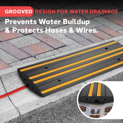 Pyle 4 ft. Rubber Curb Ramp, Non-Slip Threshold Single Ramp for Driveways & Sidewalks, Marine Grade Waterproof, Yellow Reflective Strips, Expansion