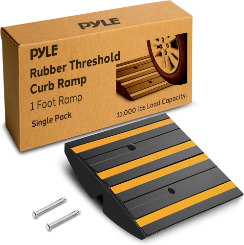 Pyle 1 Ft. Rubber Threshold Curb Ramp - Heavy Duty, Non-Slip Ramp for Driveways, Reflective Strips, Single Vehicle Ramp for Cars, Trucks, Trailers,
