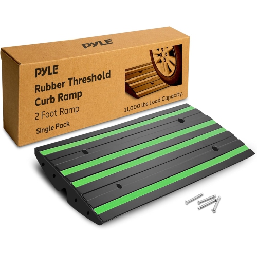 Pyle 2 Ft. Rubber Threshold Curb Ramp for Driveway - Heavy Duty Non-Slip Ramp for Vehicles - Green Reflective Strip, Marine Grade Waterproof, Ideal