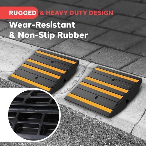 Pyle 1 Ft. Rubber Curb Ramp - Pack of 2 Heavy Duty Non-Slip Threshold Ramps for Driveways & Sidewalks, Yellow Reflective Strips, Marine Grade,