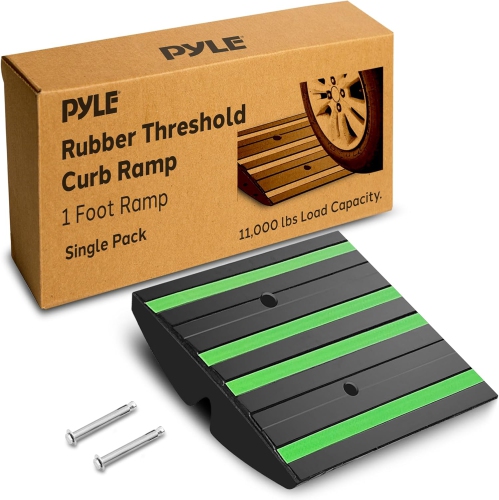 Pyle 1 Ft. Rubber Threshold Curb Ramp with Green Reflective Strips, Expansion Screws for Driveways, Car & Vehicle Use, Single Wear-Resistant Non-Slip