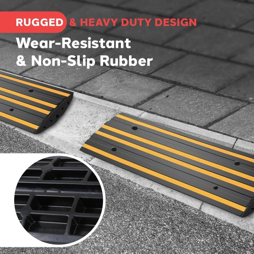 Pyle 8 Ft. Rubber Curb Ramp Set - Pack of 2 Heavy Duty Non-Slip Threshold Ramps for Driveways & Sidewalks, Waterproof, Yellow Reflective Strips,