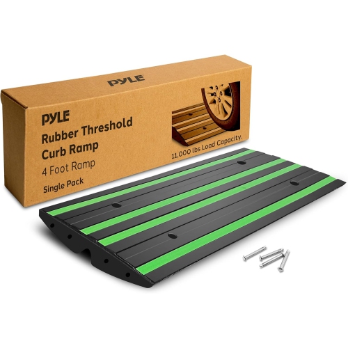 Pyle 4 ft. Rubber Threshold Curb Ramp, Heavy Duty, Non-Slip Car Ramp for Driveways, Garages, and Sidewalks, Green Reflective Strips, Waterproof, with