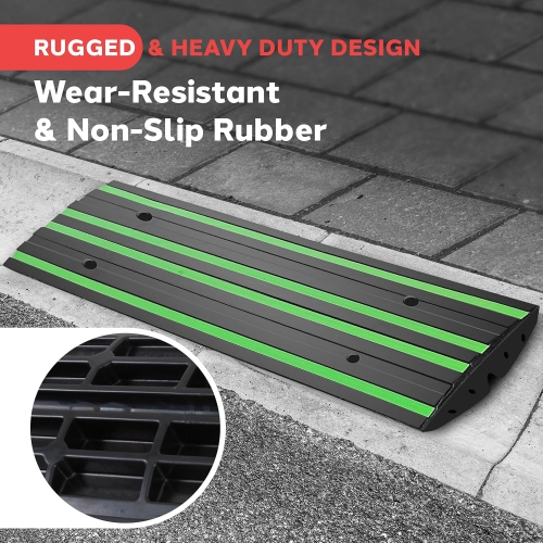 Pyle 4 ft. Rubber Threshold Curb Ramp, Heavy Duty, Non-Slip Car Ramp for Driveways, Garages, and Sidewalks, Green Reflective Strips, Waterproof, with