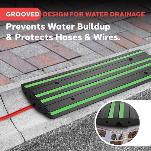 Pyle 4 ft. Rubber Threshold Curb Ramp, Heavy Duty, Non-Slip Car Ramp for Driveways, Garages, and Sidewalks, Green Reflective Strips, Waterproof, with