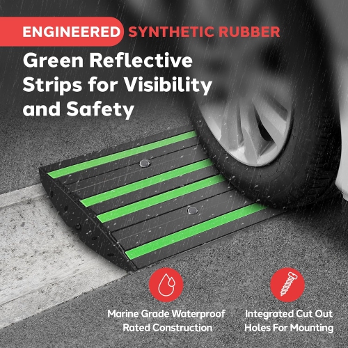 Pyle 2 Ft. Rubber Threshold Curb Ramp Set, Green Reflective Strip for Driveways, Non-Slip Marine Grade Rubber, Pack of 2 Heavy Duty Car Ramps for