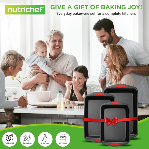 NutriChef 3-Piece Baking Pan Set - Premium Nonstick Carbon Steel Bakeware w/ Silicone Handles - Includes Large, Medium, & Small Pans for Baking &