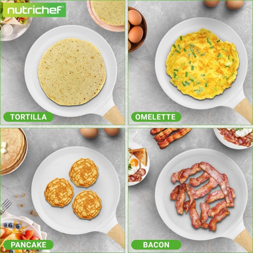 NutriChef 9.45” Non-Stick Crepe Pan with Wooden Spreader, Durable Marble Coated Dosa Pan, Bakelite Handle and Induction Bottom, PFOA/PFOS Free,