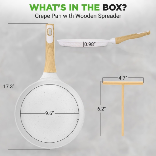 NutriChef 9.45” Non-Stick Crepe Pan with Wooden Spreader, Durable Marble Coated Dosa Pan, Bakelite Handle and Induction Bottom, PFOA/PFOS Free,