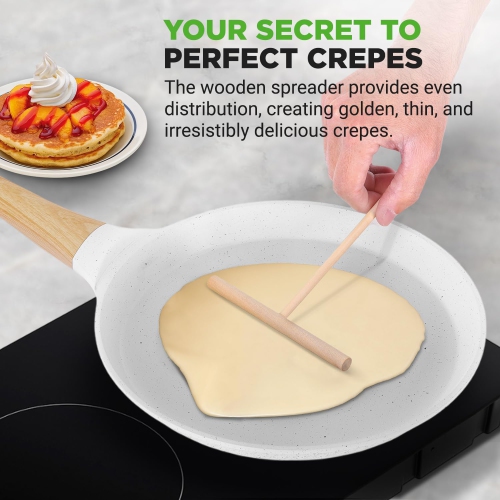 NutriChef 11” Non-Stick Crepe Pan with Wooden Spreader, Durable Marble Coated Dosa Pan, Bakelite And Wood Handle With Induction Bottom,